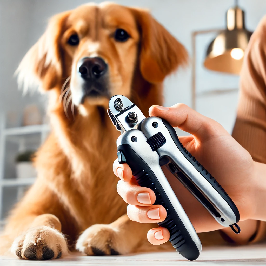Close-up of an electric dog nail clipper trimming the nail of a calm golden retriever, emphasizing safety, precision, and stress-free pet grooming.